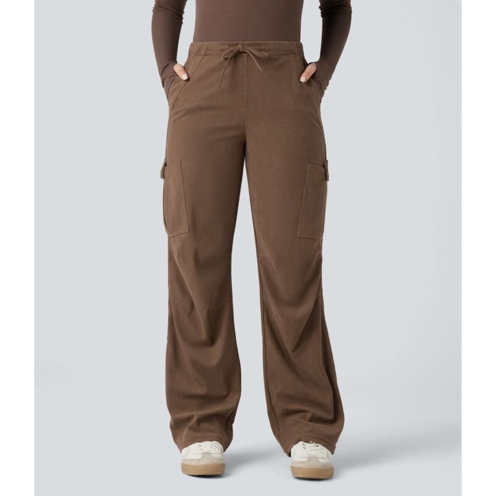 Halara Brown Corduroy Cargo Pants Wide Leg Drawstring Elastic Waist Women L